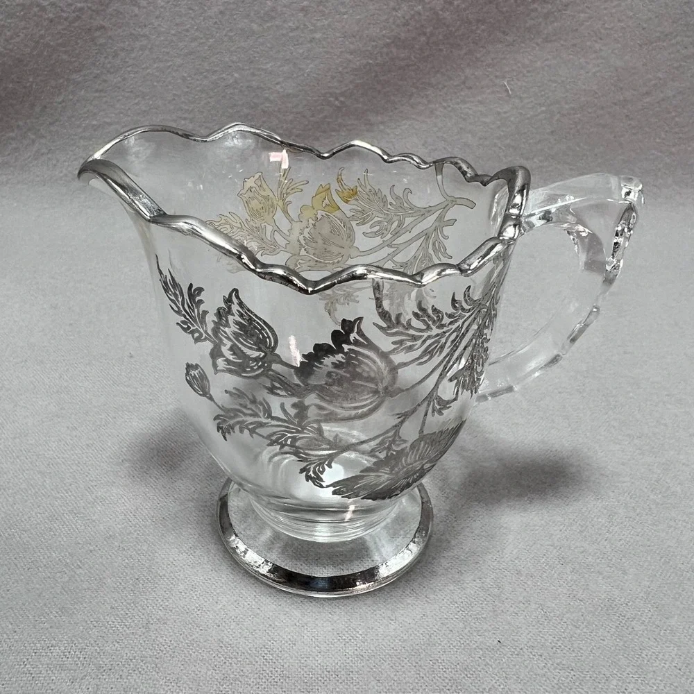 Silver City Poppy‎ Flanders Clear Glass Silver Overlay Vintage Creamer Sugar Set